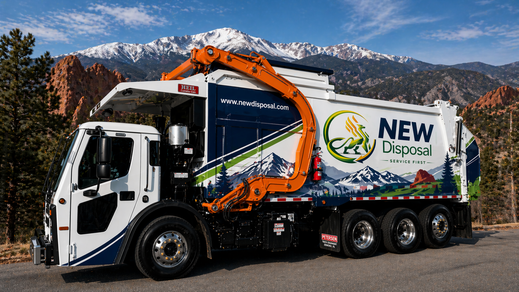 A NEW Disposal Curotto-Can truck on Colorado asphalt with snow-capped Pikes Peak rising behind it